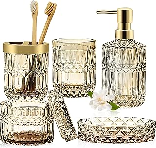 5 Stück Gold Glas Badezimmer Zubehör Set, Glas Badezimmer Accessoires Set von Lotionspender,Sei…