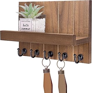 Schlüsselbrett Holz mit Ablage, Schlüsselhalter mit 5 Schlüsselhaken, Dekoratives Holz Wandreg…