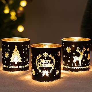 Larcenciel Teelichthalter Weihnachten, 3er Set Luxus Schwarz Gold Kerzenständer Glas mit Rentier…
