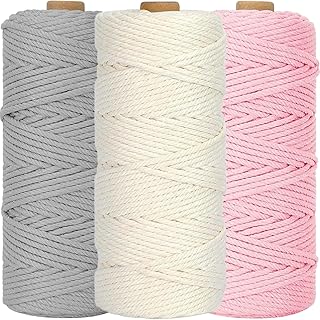 3 Stück Makramee Garn 3mm x100m, WINOK Bunte Makramee-Schnur, DIY Naturgarn Baumwollschnur Baumw…