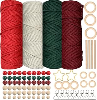 SILARLAIT Makramee Garn Weihnachten 3mm, Makramee Set Zubehör mit 60 Holzperlen, 8 Schlüsselanh…