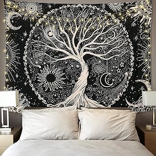 Betylifoy Baum des Lebens Tapisserie Mond und Sonne Schwarzer Wandbehang Psychedelisches Mandala …