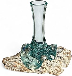 20 cm Glas-Vase weiß auf Wurzel-Holz – Handarbeit im mediterranen Style als Geschenk-Idee zur De…