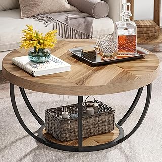 Tribesigns Runde Couchtisch, Industrial 2-Tier-Kreis Couchtisch mit Lagerung Regale, Moderne höl…