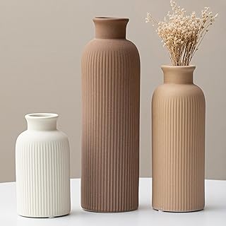 25 cm, Keramik Vasen 3er-Set, Erdtöne, Kleine Blumenvasen für Pampas Gras und Getrocknete Blume…
