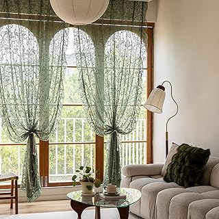 TUDECO Grüne durchsichtige Vorhänge für Wohnzimmer, Shabby-Chic-Spitze, Blumenmuster, Rüschen…