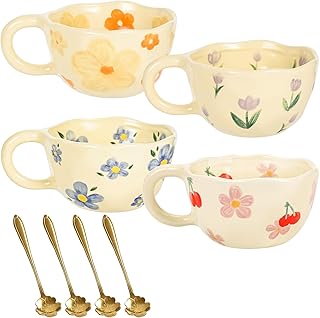 PORFOYO Keramik Tassen Set: 4 Stück Handgemachte Keramik Teetasse Blume, Ästhetisch Kreative Ka…