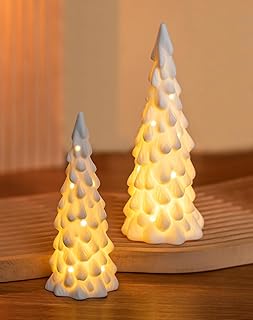 Romadedi Keramik Tannenbaum Deko Weihnachtsdeko Weiß 2er Set LED Porzellan Weihnachtsbaum Beleuc…