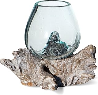 Wogeka – Handgefertigte Deko Glasvase – Ø 10 cm, Unikat Vase aus Glas auf Wurzelholz & Teak Ho…