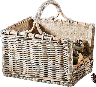 Kobolo Holztrage aus Rattan | 50x38x47 cm | grau | stabiler Kaminholzkorb mit Griff & Stoffeinsat…
