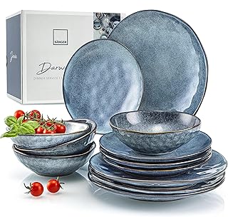 SÄNGER | Tafelservice Darwin 12 tlg, Steingut Geschirrset 4 Personen, Teller Set in Blau inkl. S…