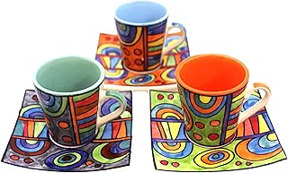 Gall&Zick Handbemalte Espressotassen mit Unterteller aus Keramik, Set von 3, ca. 80ml, bunte mode…