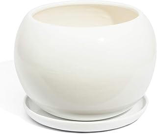 Ecoceramik Keramik Blumentopf mit Untersetzer Unikat Kugel handbemalt D 180 mm Weiss