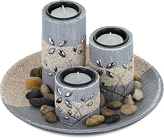 Relaxdays Teelichthalter Set, runde Dekoschale, mit Teelichtern und Steinen, Tischdeko Wohnzimmer…