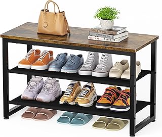 HOMIDEC Schuhregal mit 3 Ebenen, Schuhbank mit Holzplatte, Schuhregal mit Sitzbank, Regal Vliesst…