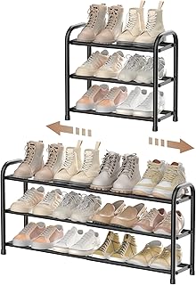 ENJOYBASICS Schuhregal, 3 Ebenen Adjustable Metall Schuhaufbewahrung 45 to 83 cm, Schwarz Expanda…