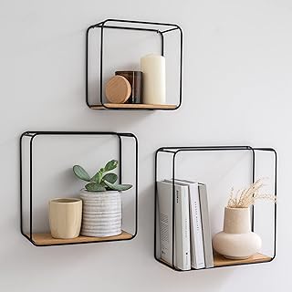 Kazai. Wandregal-Set -Jona- | 3-Teiliges Hängeregal aus Metall und Echtholz-Veneer | Wanddeko un…