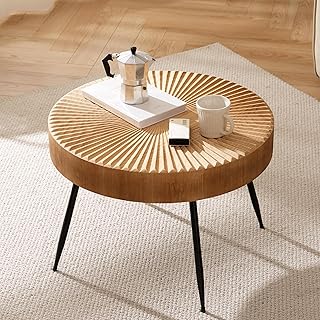 Couchtisch Rund, Runder Wohnzimmertisch aus Holz mit linearem Design, Beistelltisch mit schwarzen…