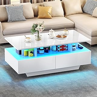 YITAHOME Couchtisch Weiß, Wohnzimmertisch Hochglanz mit 16-Farbiger LED Beleuchtung Modern, Beis…