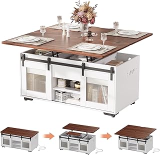 Couchtisch Höhenverstellbar mit Steckdose, Couchtisch Umwandelbar in Wohnzimmer-Esstisch, 3 in 1…