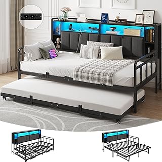 Schlafsofa mit Ausziehbett, Tagesbett 90×200/180×200 cm mit LED Beleuchtung & Ladestation (2 AC-S…