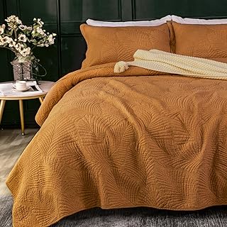 Qucover orangefarbene Baumwoll-Tagesdecke für King-Size-Betten mit elegantem gesticktem Palmblat…