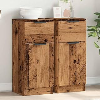 Sideboard Set of 2, Modern Storage Cabinet with Door and Drawer, Reclaimed Wood Look, 30x30x70 cm…