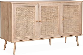 Sideboard mit Rattangeflecht 120 x 39 x 70 cm – 2 Ebenen – 3 Türen – Skandinavische Möbelbeine
