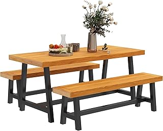 Outsunny Sitzgruppe 3-teilig Holz Essgruppe für 4 Personen im Lamellendesign Esstisch mit 2 Bän…