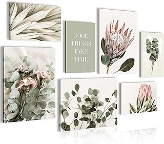 Novart Wandbilder Grün Blätter – KOMPLETT AUFHÄNGFERTIG – Boho Beige Wohnzimmer Schlafzimmer -…