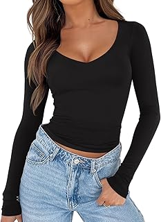 REORIA Damen V-Ausschnitt Langarm Slim Fit Weich Layering Basic Shirt Ausgeh-Tops