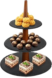Etagere 3-stöckig aus Schiefer & Holz, Ø25/20/15 cm, rustikaler Servierständer mit Anti-Rutsch…