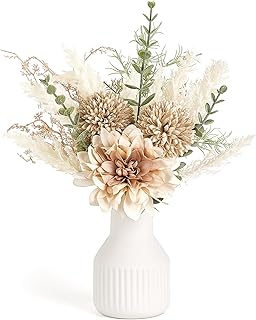 Mkono kleine künstliche Blumen in Keramik Vase 13.5″ Mittelstücke Couchtisch Dekor, Seide Blume…