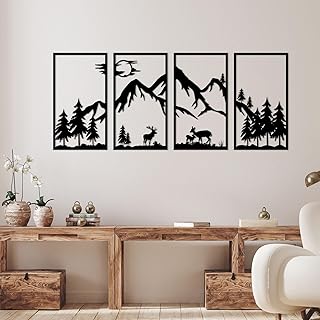 DUOOLN 4 Stück Metall Bergblick Wanddekoration，Schwarze Linie Malerei Wandbehang，Abstraktes …