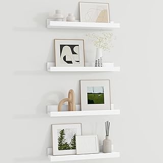 Wandregal Holz 40 cm, Regal Wand Weiß Bilderleiste für Bilderrahmen und Bücher 4er Set, Schweb…