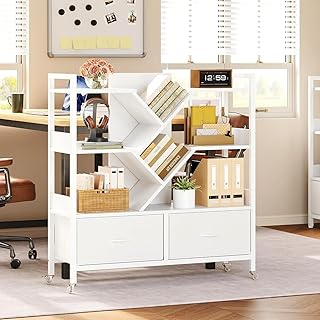 IRONCK Bücherregal, 4 Ebenen Regal, Baumform Standregal mit 2 Stoffschubladen, Aktenregal Aufbew…