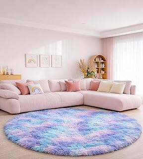 Runder Teppich 120 cm Blau-violett Waschbar Rutschfester Runder Hochflorteppich Wohnzimmer Schlaf…
