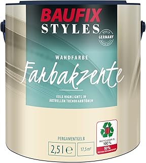 BAUFIX Farbakzente pergamentgelb, seidenmatt, 2.5 Liter, Bunte Wandfarbe, für Wände und Decken …