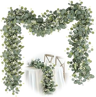 Künstliche Eukalyptus Girlande Deko 1,8m Hängend Grüne Blätter mit Weiße Blumen Eukalyptusra…