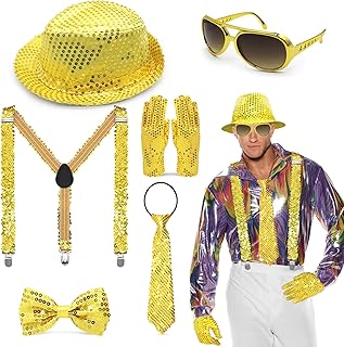 6 Stück Disco Glitzer Accessoires Herren Disco Karneval Outfit Accessories mit Hut,Hosenträger,…