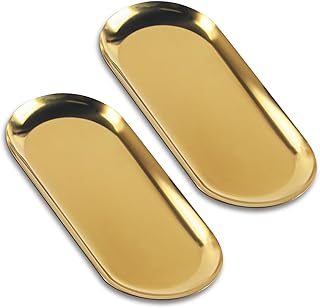 Deko Tablett Gold, 2 STK Serviertablett, Goldene Dekotablett, Ovale Schmuck Tablett, Ablageschale…