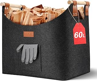 Holzkorb für Kaminholz Groß XL, Kaminholzkorb mit Doppelt Verstärkten Leder, 60L Brennholzkorb…