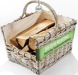 Kobolo Holztrage aus Rattan 50x38x45 cm – grau – stabiler Kaminholzkorb mit Griff & Stoffeinsatz …