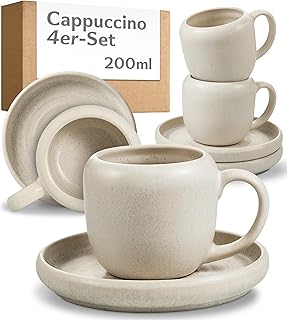 Cosumy 4er Cappuccino Tassen Set mit Untertassen Weiß – 200 ml Keramik Cappuccinotassen Set–…