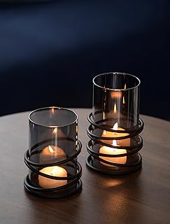 Sziqiqi Windlicht Kerzenständer Schwarz mit Rauchglas: Modern Kerzenständer Stumpenkerzen mit W…