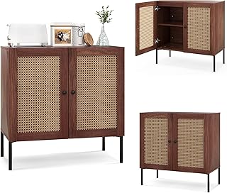 KOMFOTTEU Sideboard Anrichte mit 2 Türen aus Rattan, Buffet Aufbewahrungsschrank Holz, Kommode B…