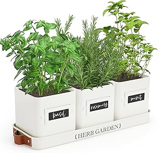 PERFNIQUE Kräutergarten für den Innenbereich, Pflanzgefäß-Set mit Tablett, Bauernhaus-Zimmerp…