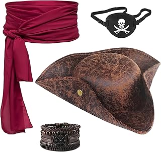 Piraten Zubehör Set – 4-tlg. Piraten Kostüm Accessoires mit Piratenhut in Lederoptik, Roter S…