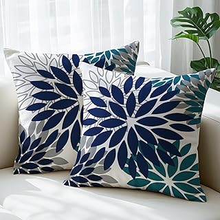 Kissenbezug 40×40 cm Modern Dahlien Dekokissen Blau Schwarz Grau Blumen Sofakissen Outdoor Kissen…