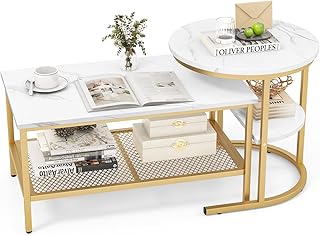 COSTWAY 2er Set Couchtisch, Beistelltisch Marmor Optik mit Metallrahmen & Ablage, Kaffeetisch Woh…